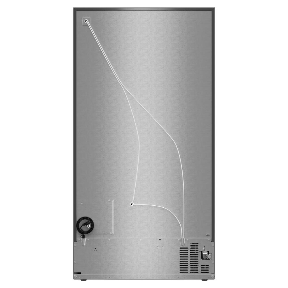 Back view of a stainless steel counter-depth side-by-side refrigerator showing wiring and ventilation components, part of KitchenAid Appliances and Refrigerators collections.