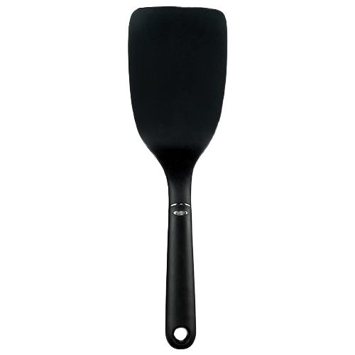 Black nylon turner with ergonomic handle and hanging hole for kitchen cooking and home use