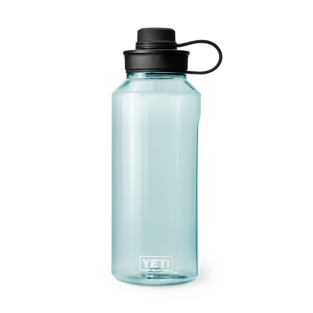 Translucent light blue 50 oz. water bottle with black tether cap, durable drinkware for kitchen and outdoor use collections