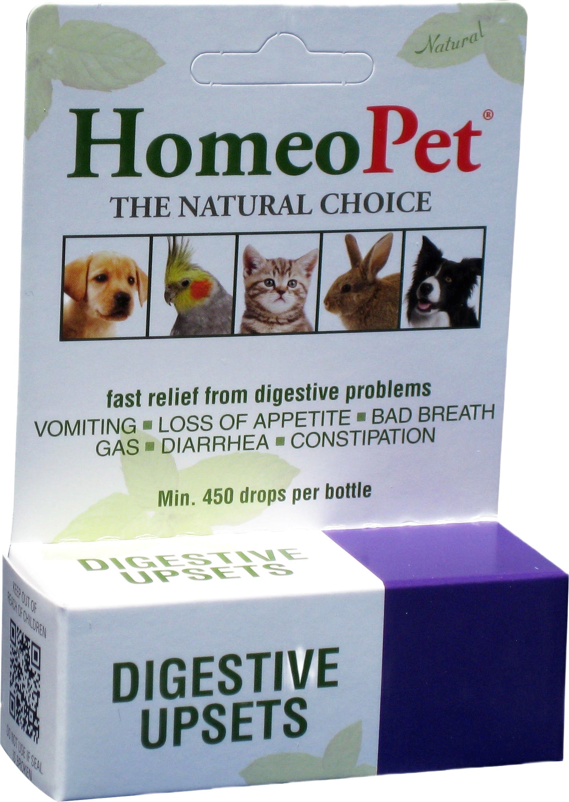Packaging of Homeopet digestive relief supplement with images of dog, bird, cat, rabbit, and border collie illustrations