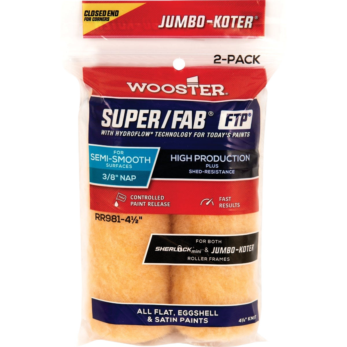 Wooster knit fabric roller covers with HydroFlow technology for smooth surfaces, flat, eggshell, and satin paints under 50 dollars