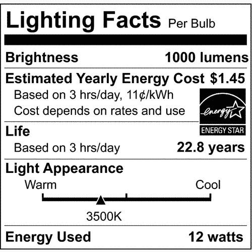 Lighting facts label showing 1000 lumens, 3500K color temperature, 22.8 years lifespan, and 12 watts energy use with Energy Star logo