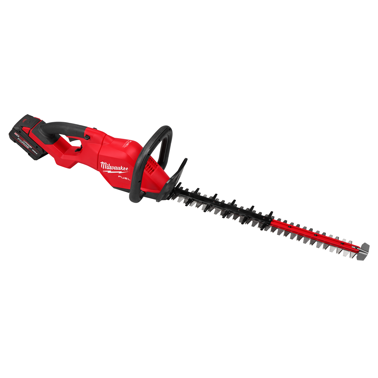 Red cordless hedge trimmer with ergonomic handle and long dual-action blade for home improvement tasks
