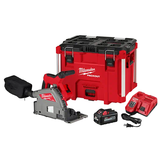 Cordless red and black plunge track saw kit with battery, charger, and red storage Packout box for woodworking tools
