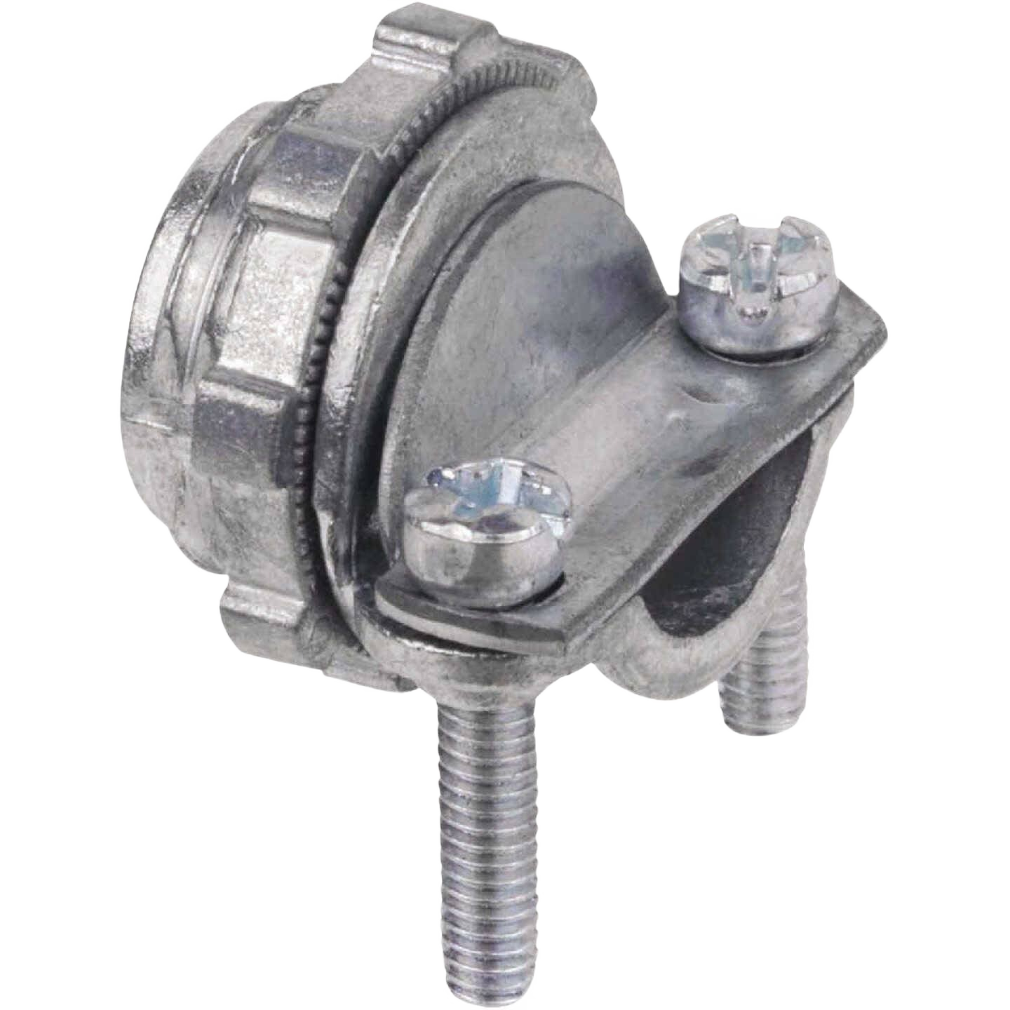 Die cast zinc flexible box connector with screws for secure electrical conduit and metal clad cable connection in home improvement.