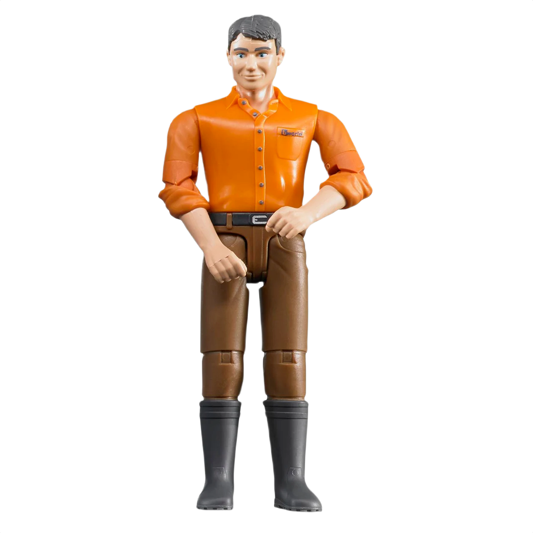 Male figure toy wearing orange shirt, brown pants, and black boots for tools and home improvement play