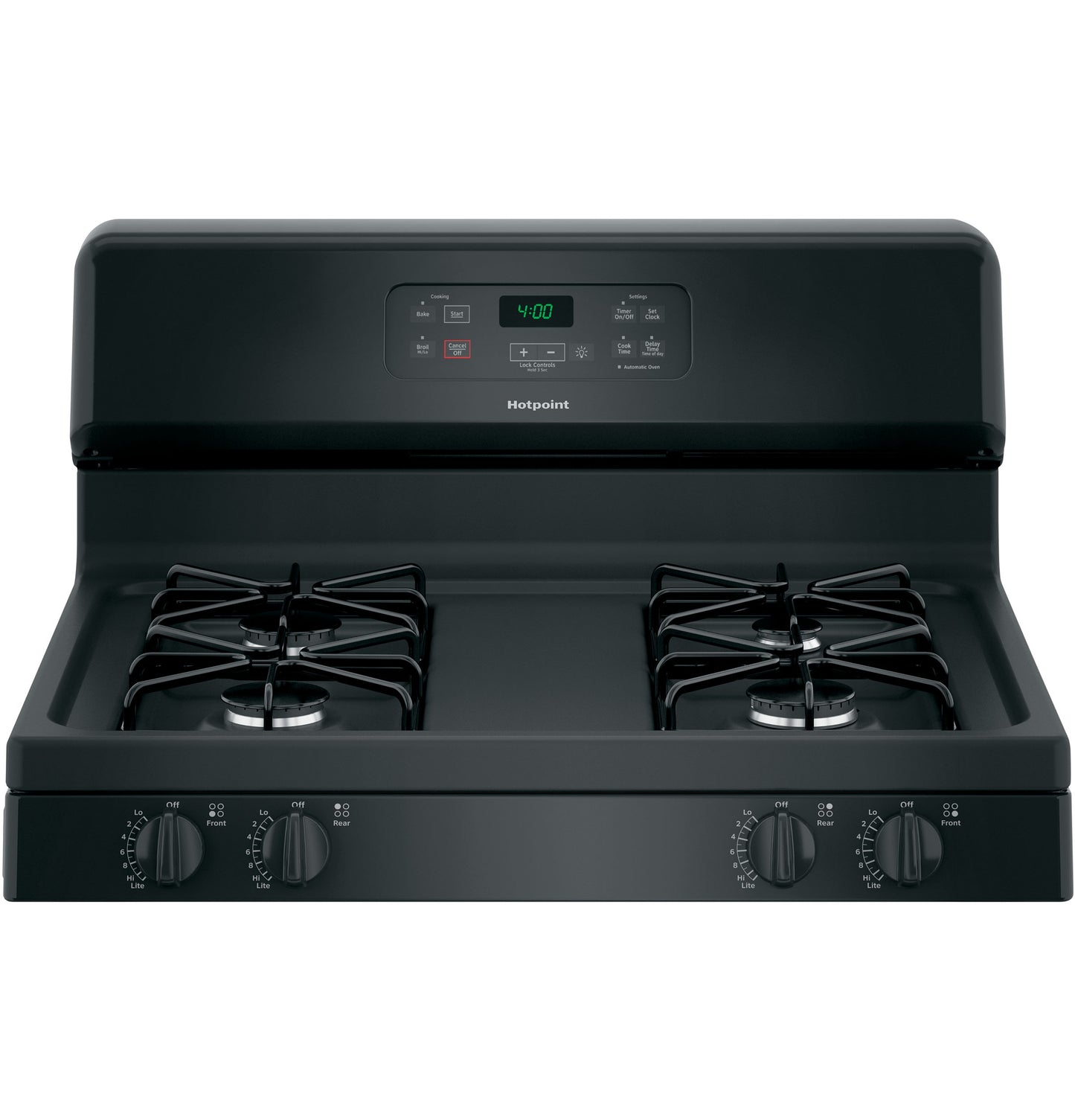 Black free-standing gas range with four burners and digital clock control in kitchen and cookware collection