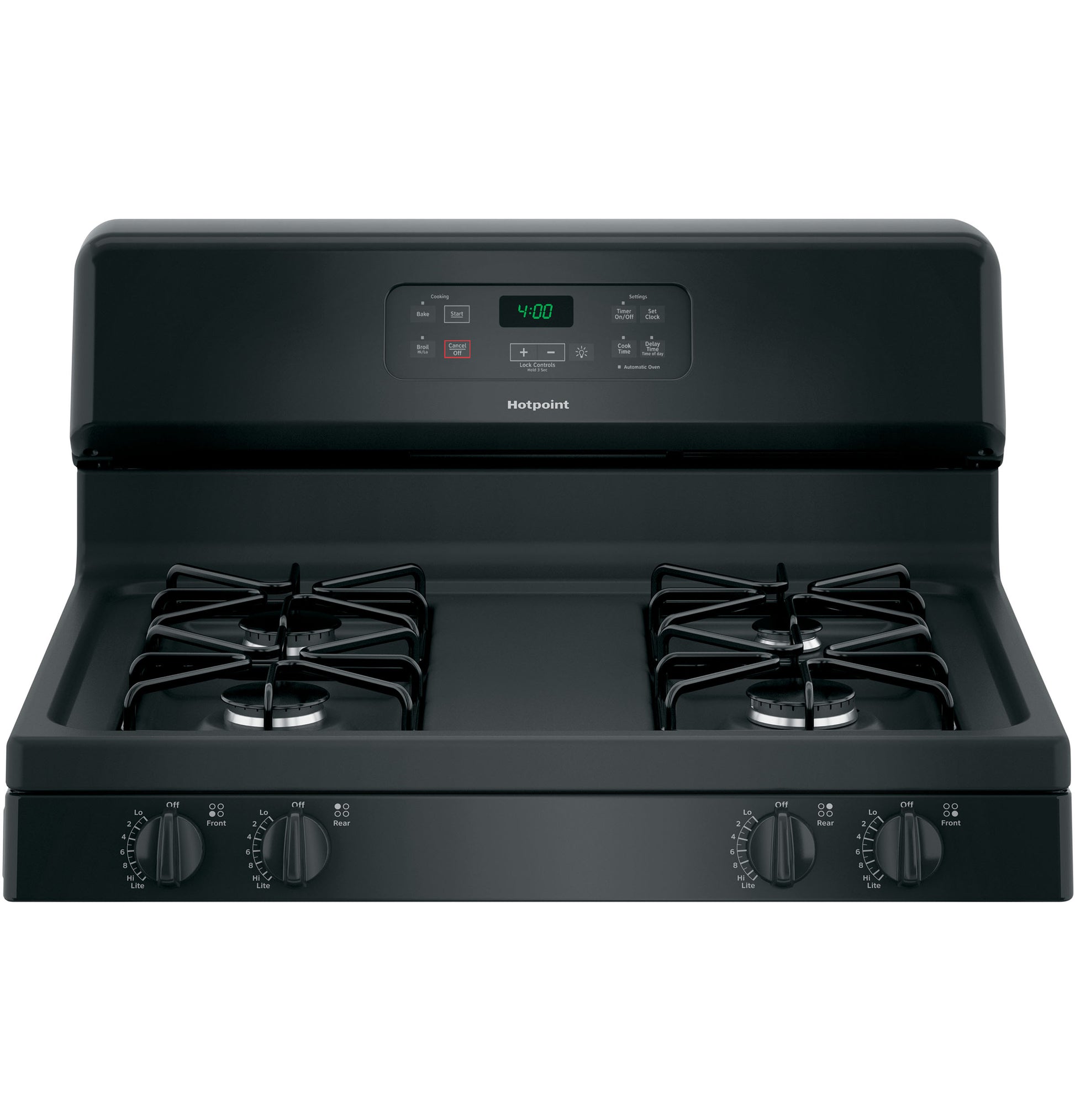 Black free-standing gas range with four burners and digital clock control in kitchen and cookware collection