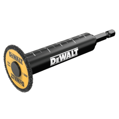 Black cylindrical PVC pipe cutter attachment with DEWALT branding for tools and home improvement use