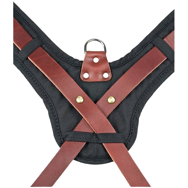 Leather-reinforced suspension system with durable stitching and metal rivets for woodworking and tool storage use