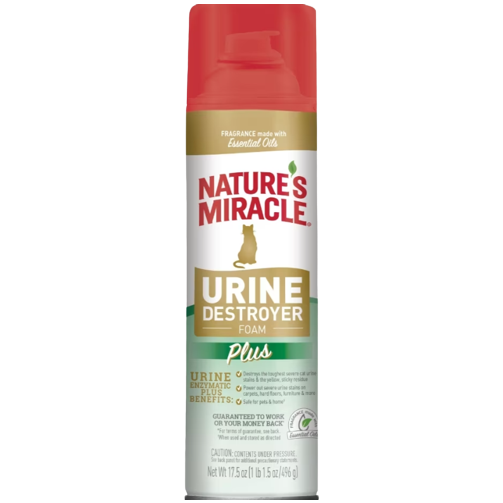 Red-capped can of Nature's Miracle foam designed to eliminate cat urine stains and odors with essential oils