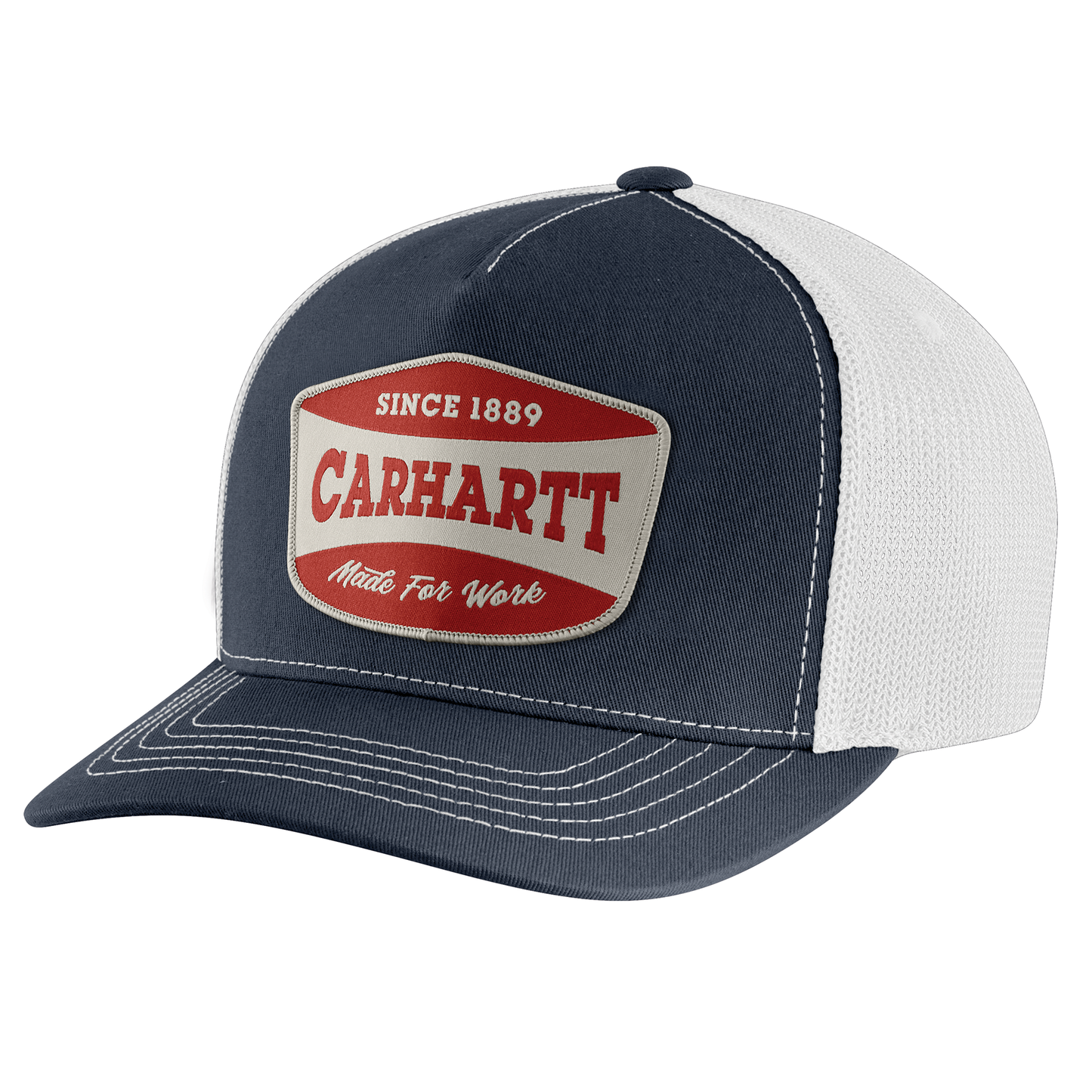 Men’s navy blue and white mesh-back cap with vintage style patch logo, structured front panel, curved visor, and breathable polyester back panels for durability and comfort.