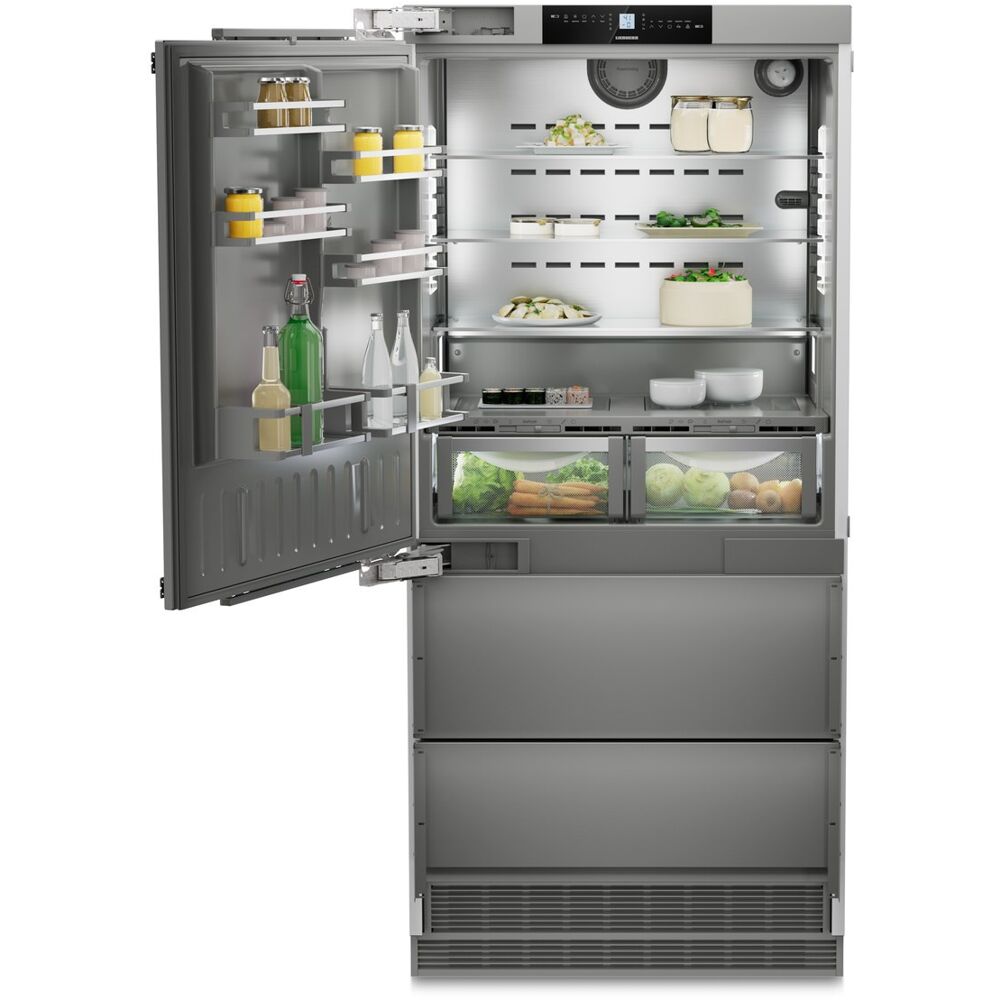 Built-in 36" stainless steel refrigerator with left hinge, adjustable shelves, and BioFresh drawers in Refrigerators collection