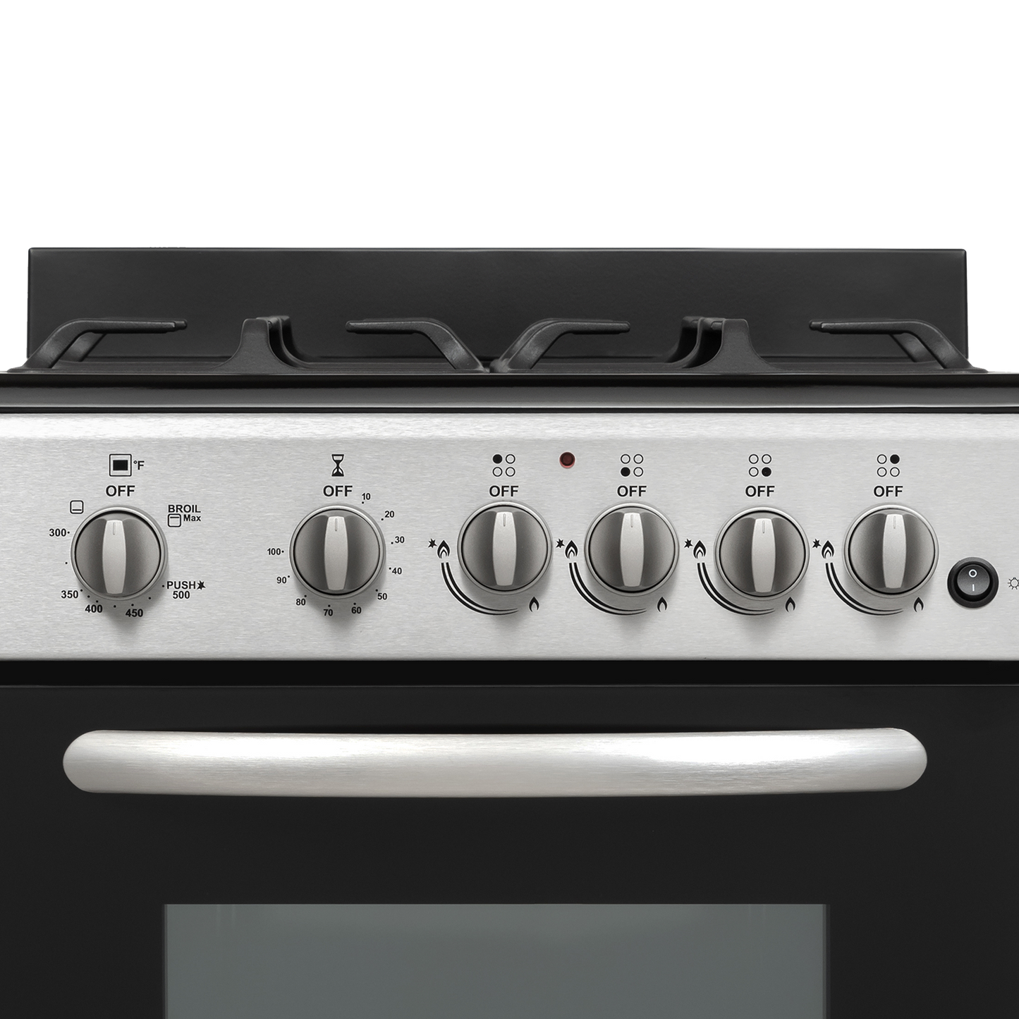 Stainless steel gas range control panel with five knobs and black cast iron burner grates, part of kitchen appliances collection
