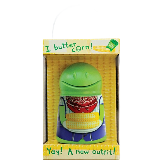 Green Butter Boy Butterer kitchen gadget with corn and bandana design in playful packaging for Kitchenware collections