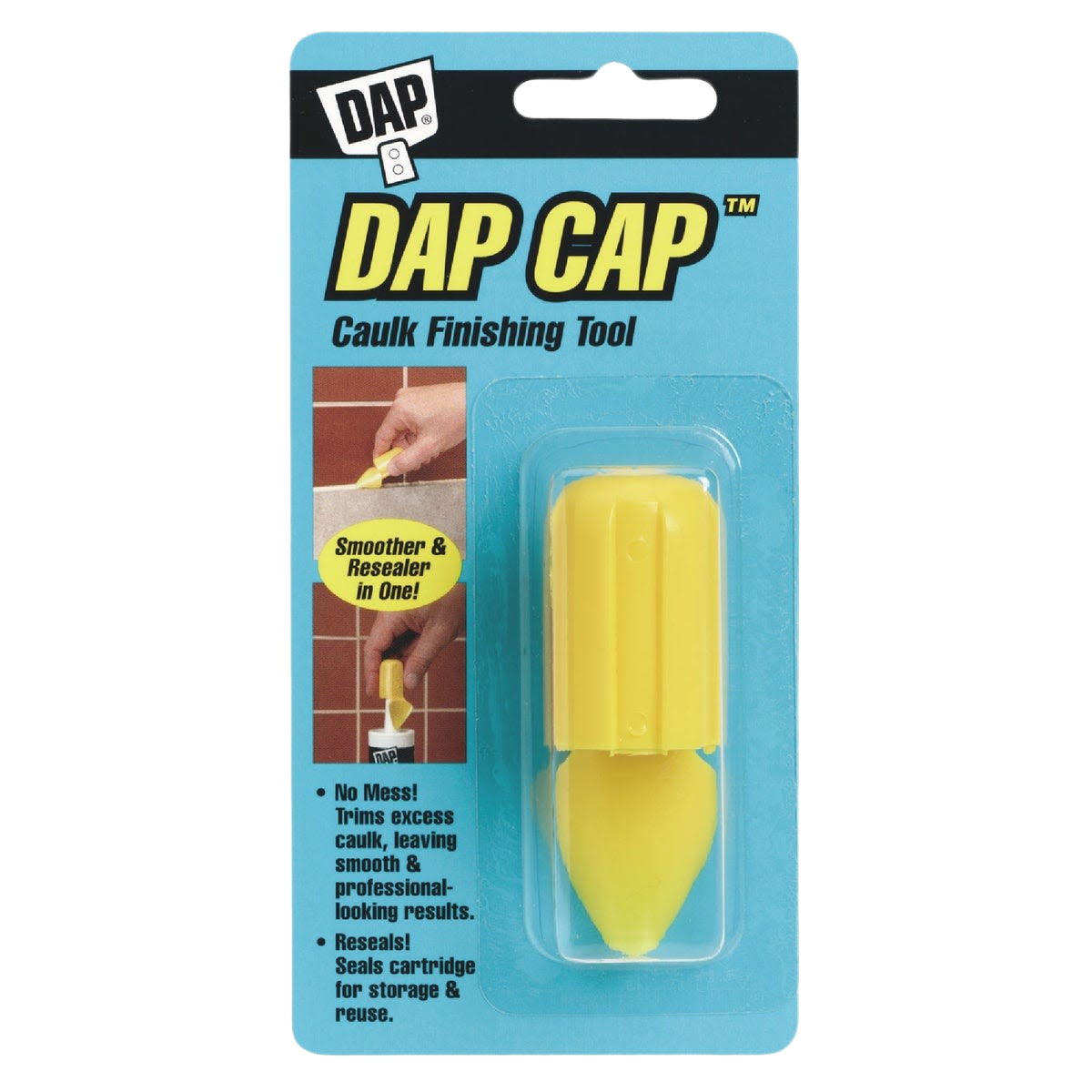 Yellow plastic caulk finishing tool in retail packaging with instructions on smoothing and resealing caulk edges.