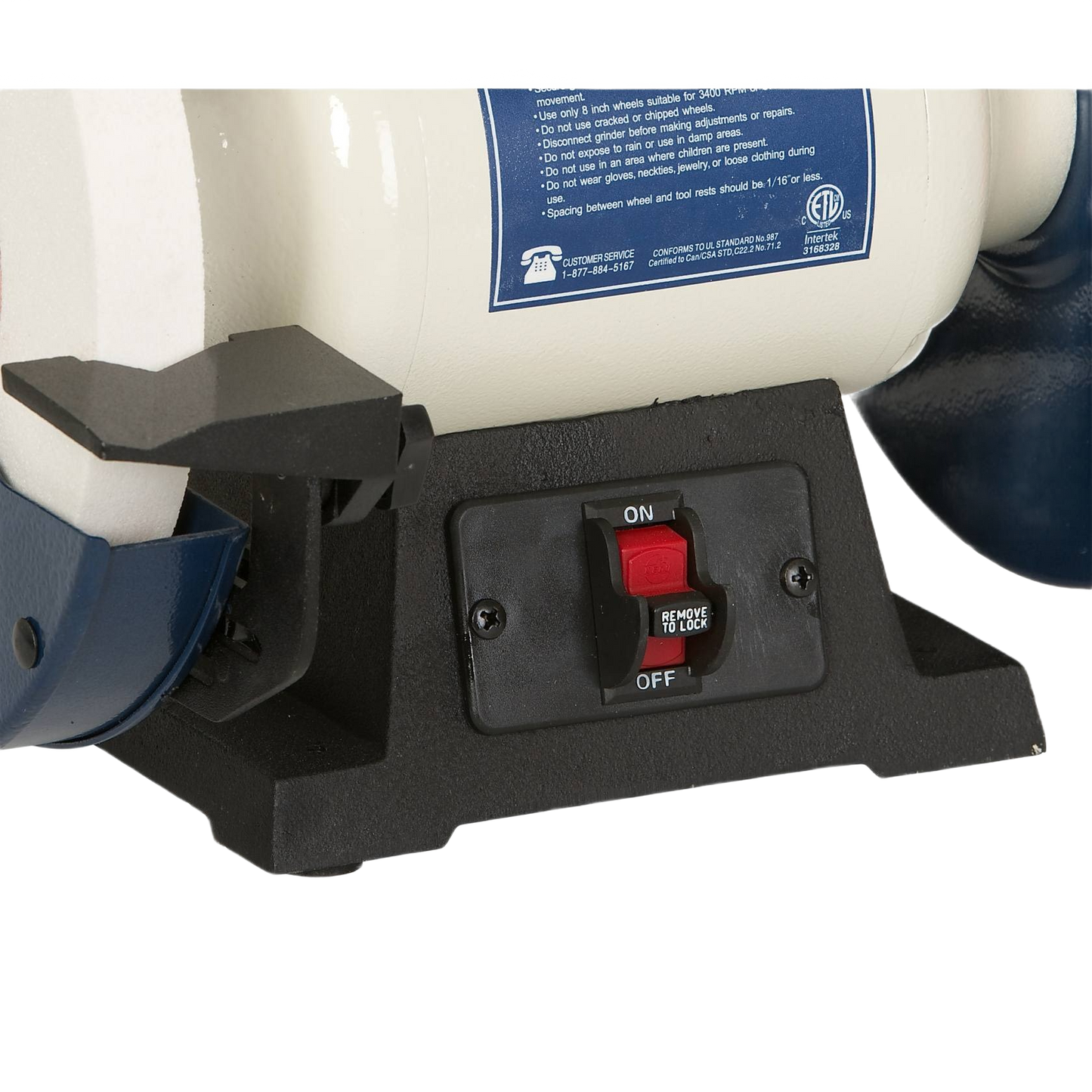 On/off power switch with safety key on metal base of low speed grinder for workshop and home use