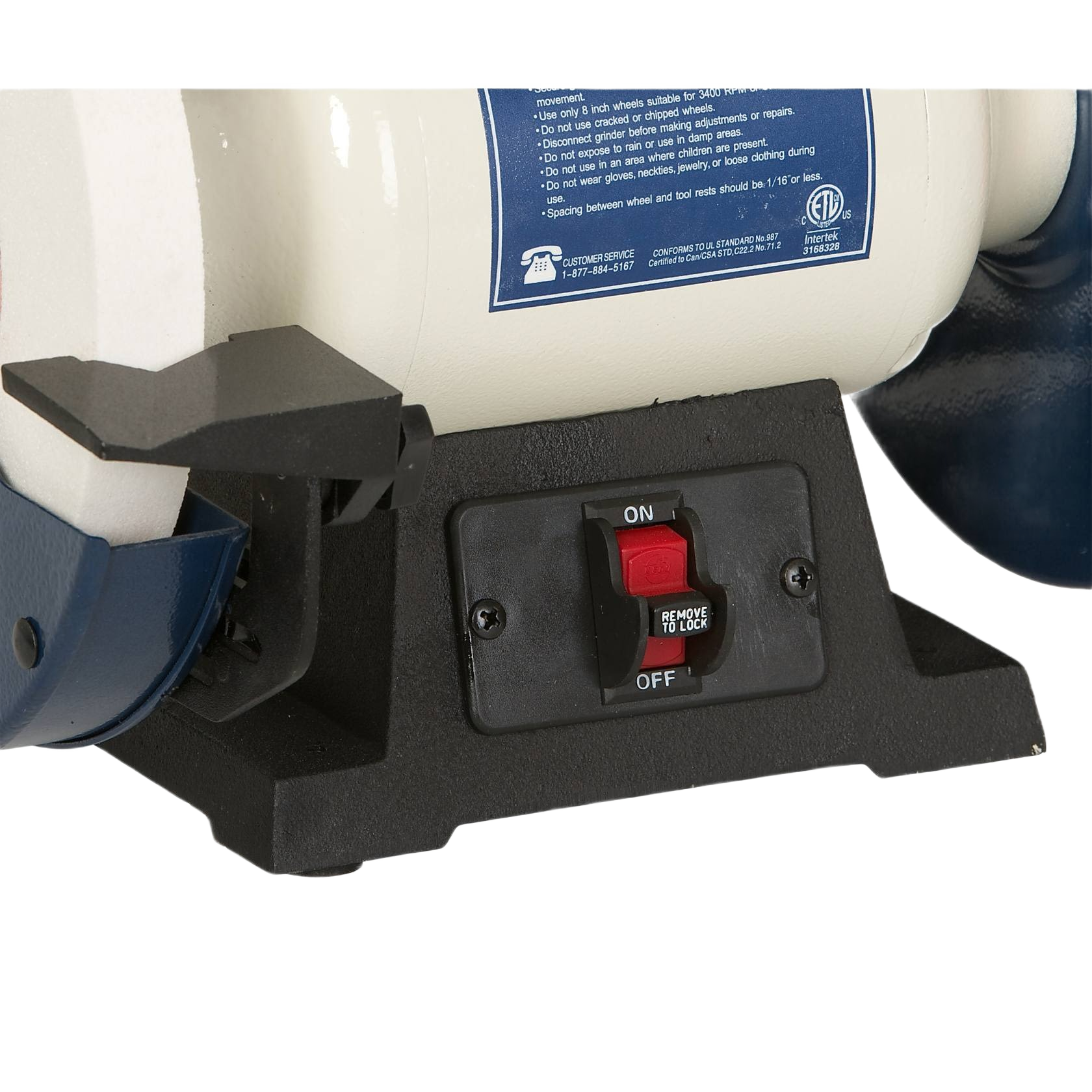 On/off power switch with safety key on metal base of low speed grinder for workshop and home use