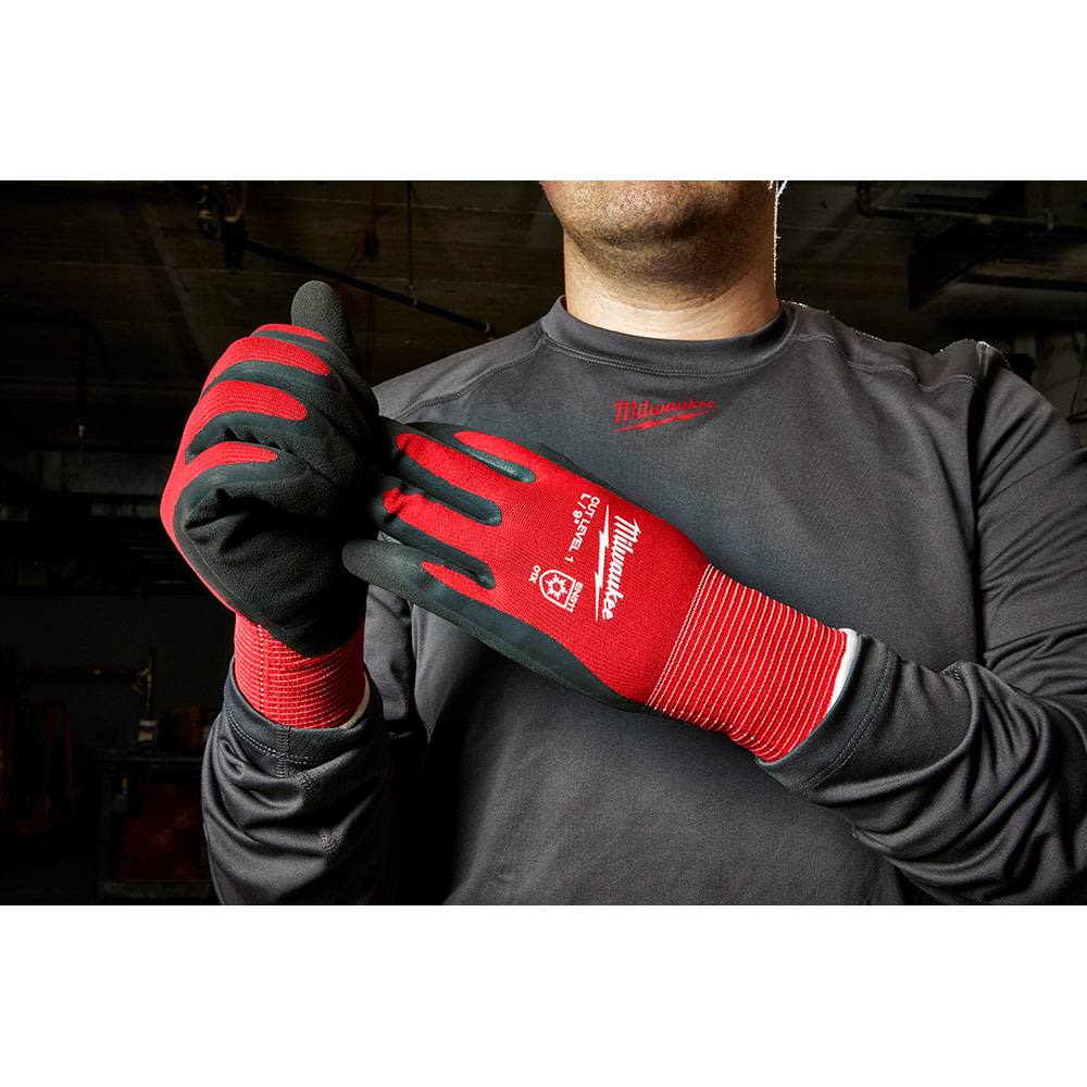 Red and black insulated work gloves with large cut level 1 protection for safety and hardware use in cold weather