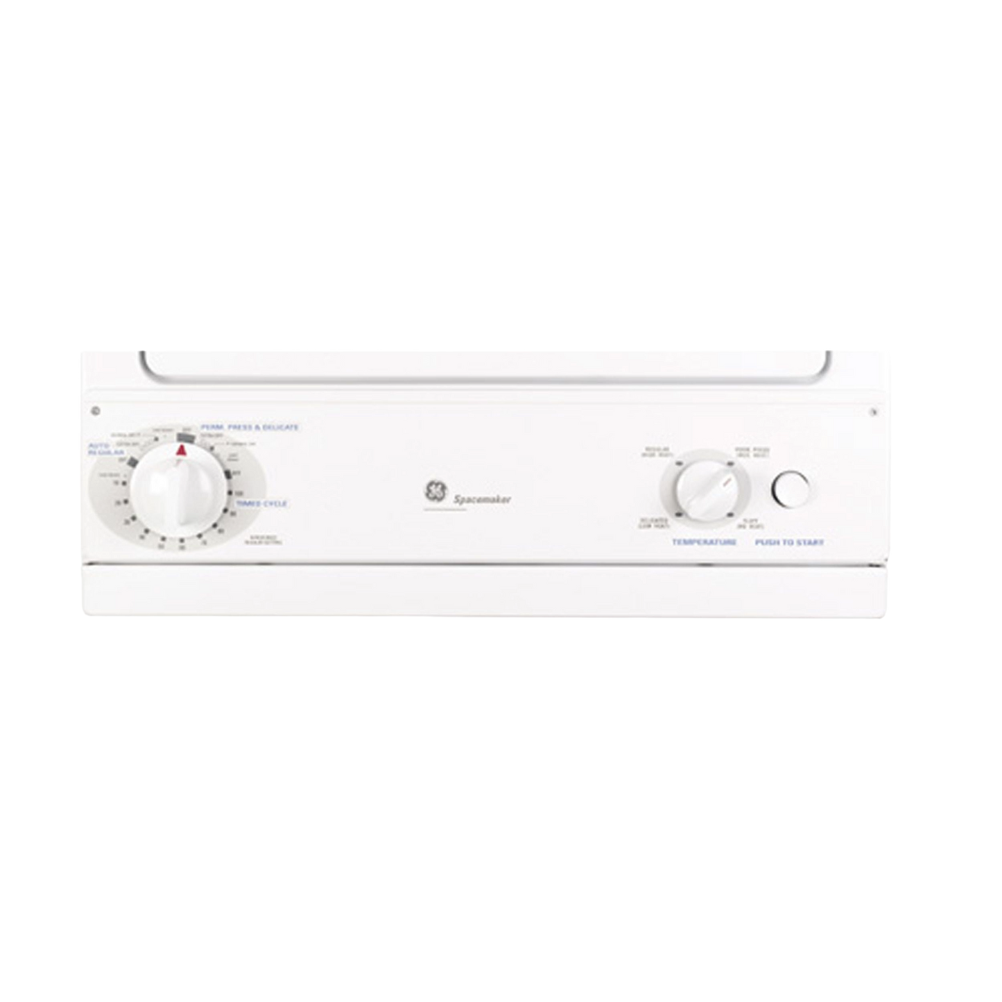 Control panel of a white GE Spacemaker electric dryer with cycle and temperature dials for home laundry appliances.