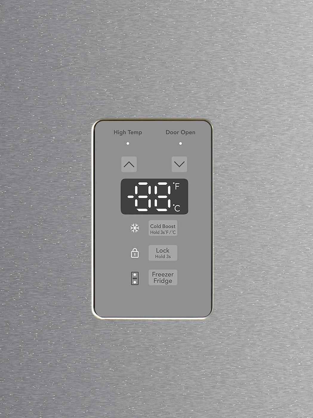 Digital temperature control panel with temperature display and function buttons on stainless steel surface, for Freezers & Ice Makers and Appliances collections.