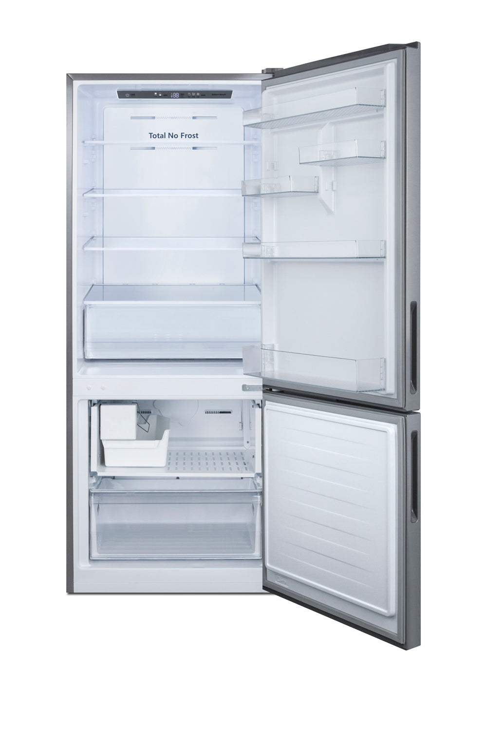 Open stainless steel bottom freezer refrigerator showing interior shelves and door bins in kitchen appliances collection
