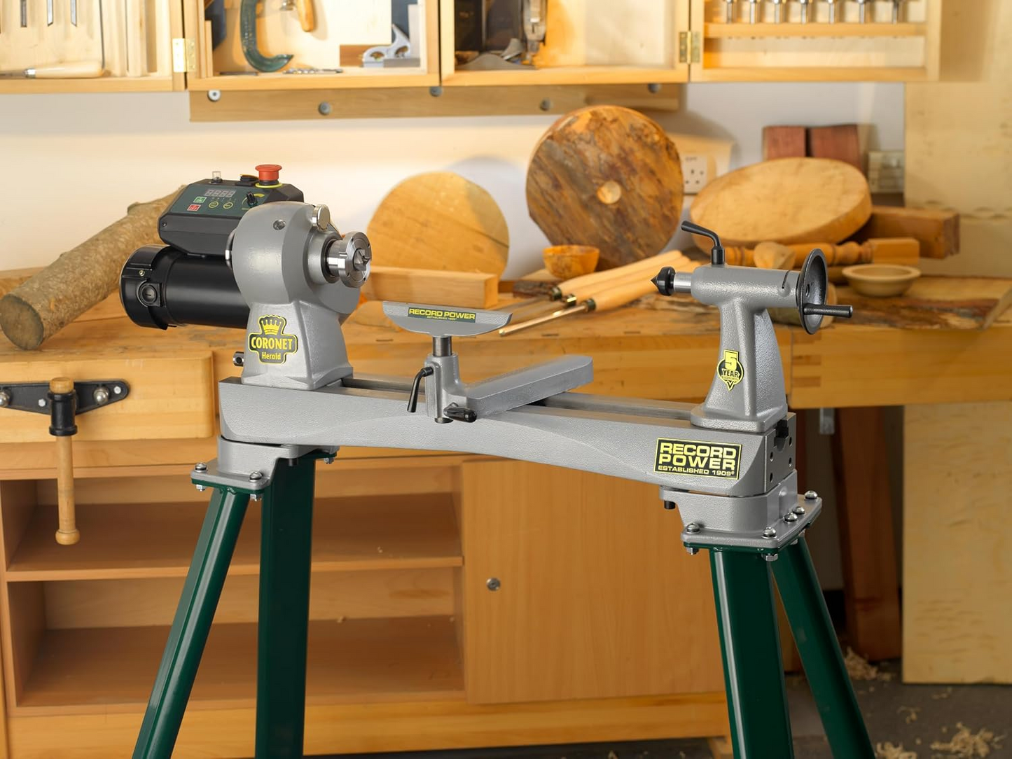 Record Power Coronet Herald 14" Heavy-Duty Swivel-Head Cast Iron Variable Speed Lathe