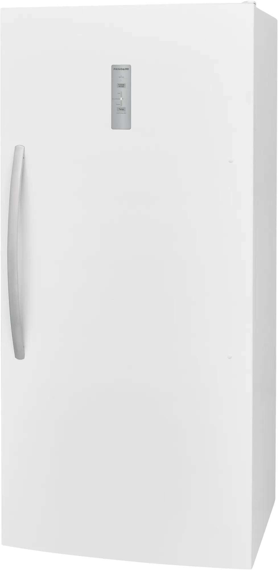 White upright freezer with vertical handle and control panel, suitable for garage or kitchen appliance and freezer collections