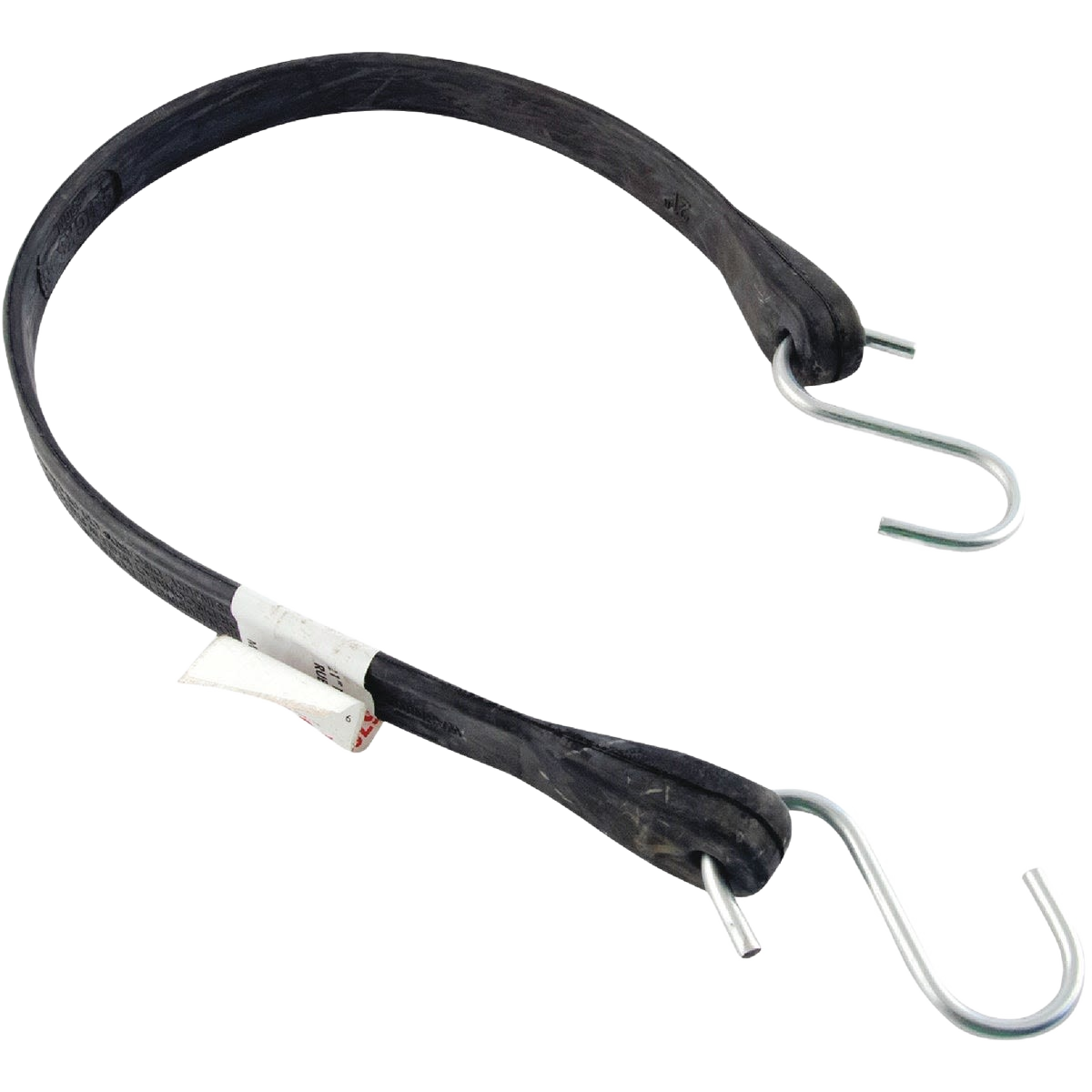 Black rubber industrial tarp strap with metal hooks for securing covers in home improvement projects