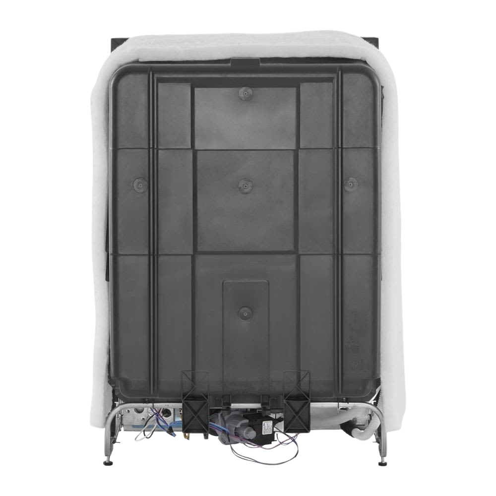 Rear view of a dishwasher showing water connections and support legs for kitchen and home improvement appliances