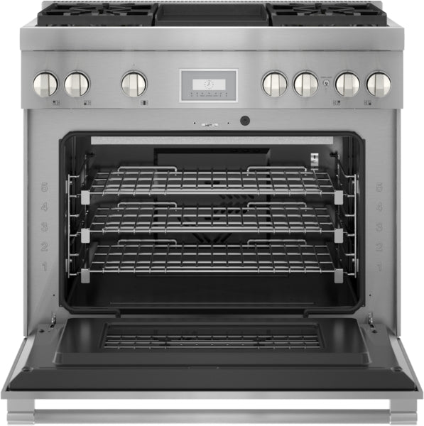36-inch stainless steel gas range with open oven door, multiple racks, control knobs, and digital display in kitchen appliances collection