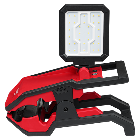 Red and black adjustable LED clamping light for jobsite use in home improvement and Milwaukee utility lighting collections