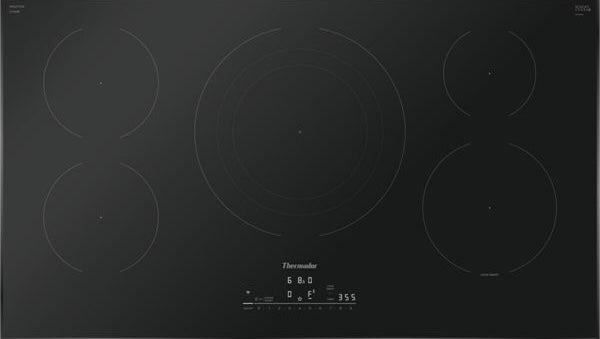 36-inch black induction cooktop with five cooking zones and digital touch controls from Thermador Appliances collection