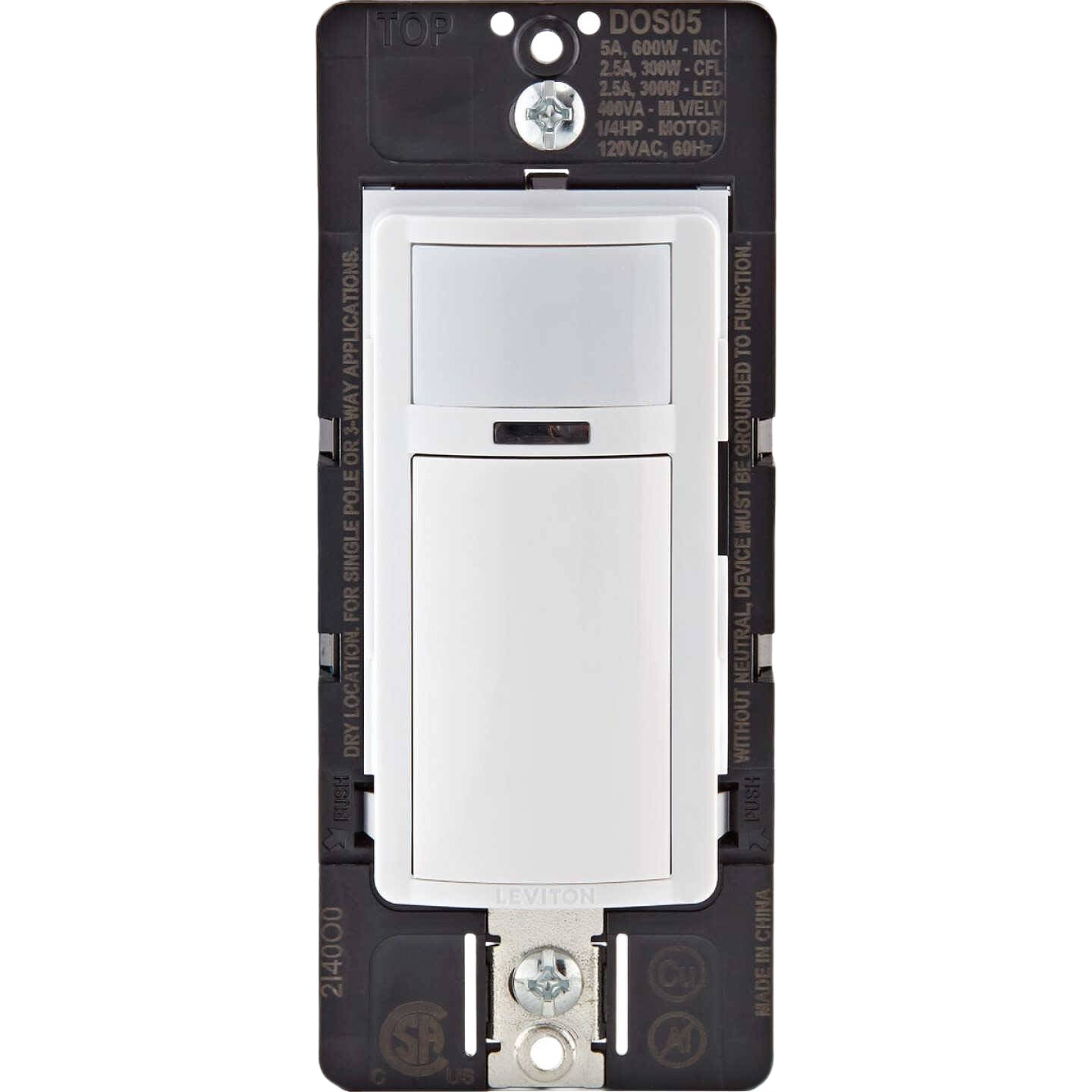 White Decora motion detection sensor switch with black mounting frame for electrical and home improvement projects