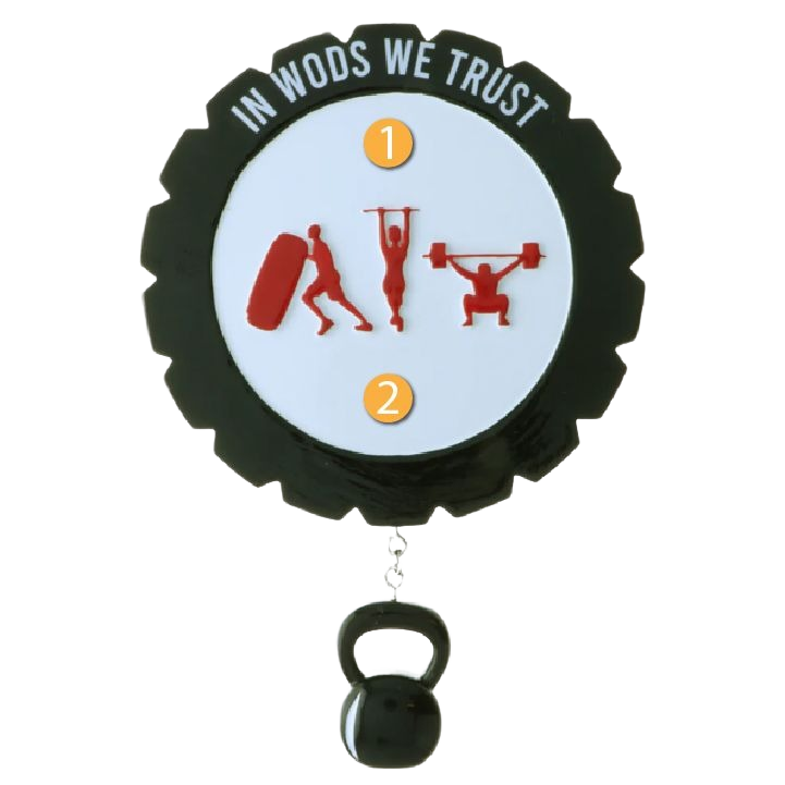 Black gear-shaped ornament with red fitness figures and kettlebell charm, Christmas tree decoration under fifty dollars collection