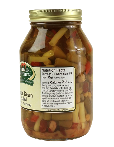 Glass jar of Hartville Kitchen Four Bean Salad with green beans, red peppers, and onions in preserved food and beverage collection under $50