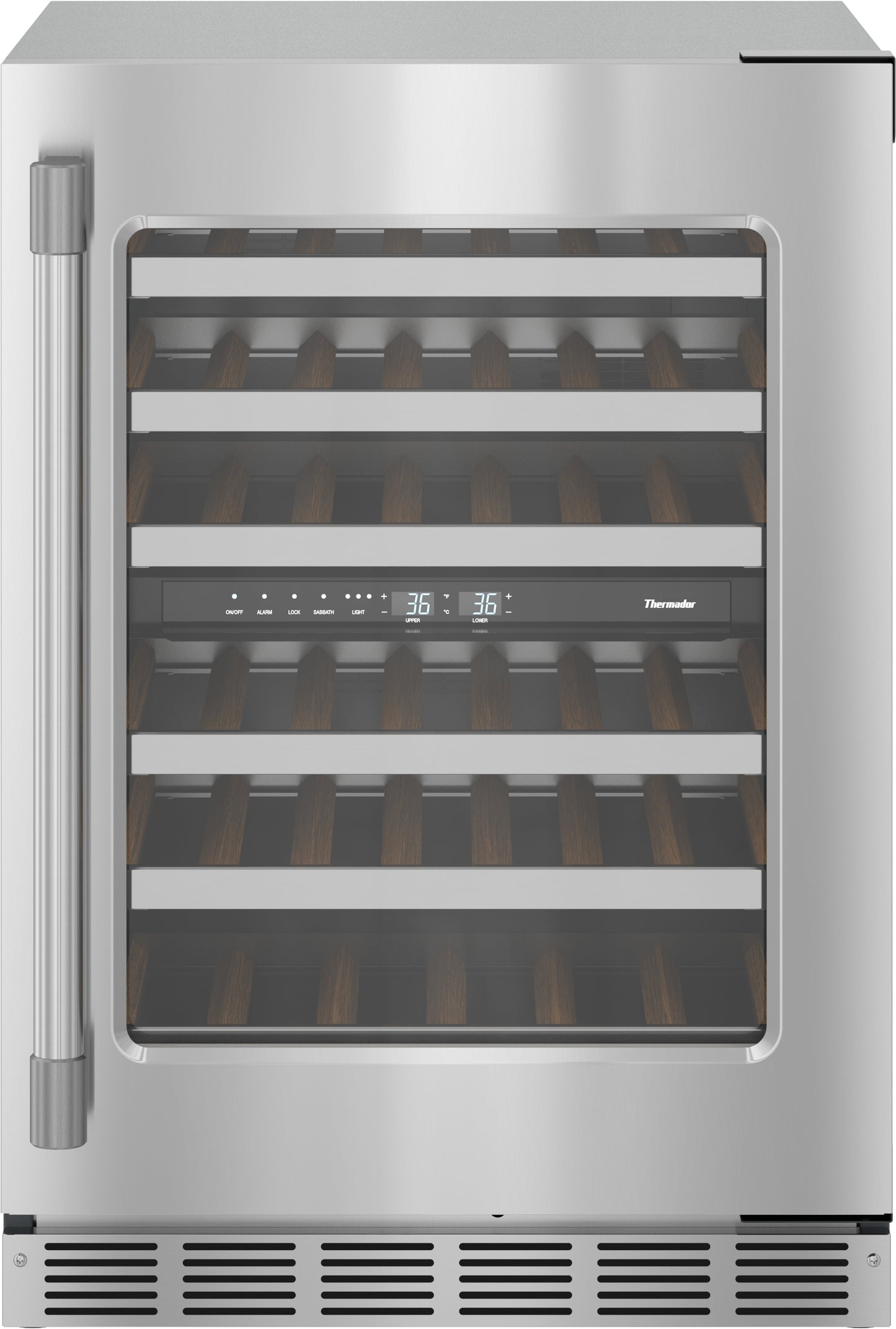 Under counter stainless steel wine cooler with glass door, right hinge, digital temperature display, and wooden storage racks