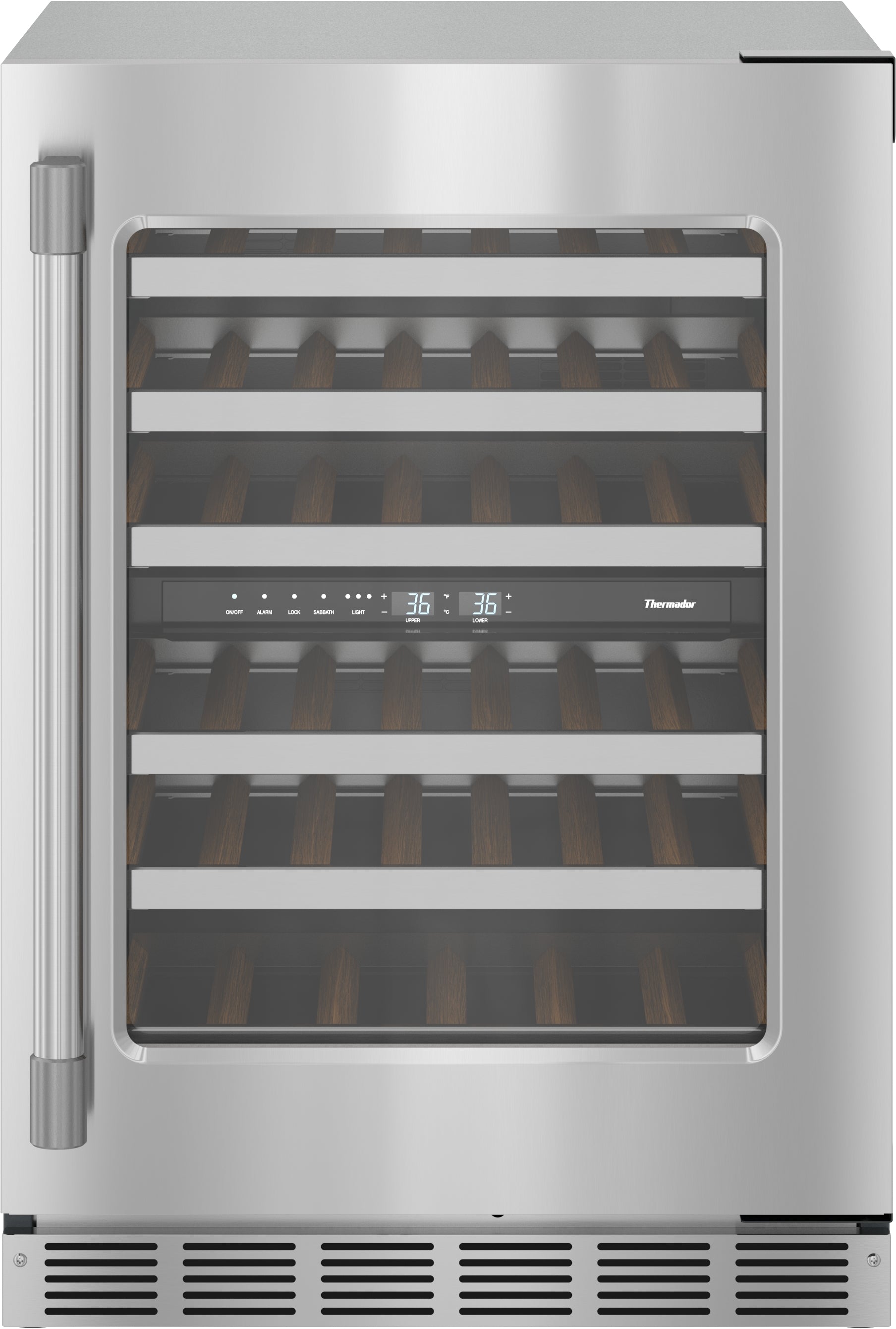 Under counter stainless steel wine cooler with glass door, right hinge, digital temperature display, and wooden storage racks