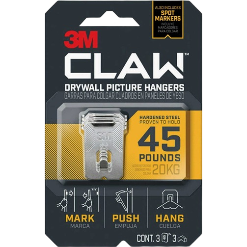 3M Claw drywall picture hangers with spot markers, holding up to 45 pounds for home decor and hardware projects