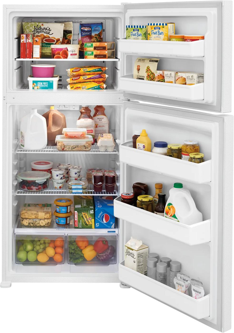 Open white garage-ready top freezer refrigerator with wire shelves, clear bins, and organized food storage in Appliances collection