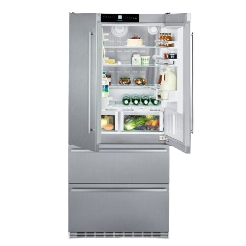 Stainless steel freestanding French door refrigerator with bottom freezer and interior storage in refrigerators collection