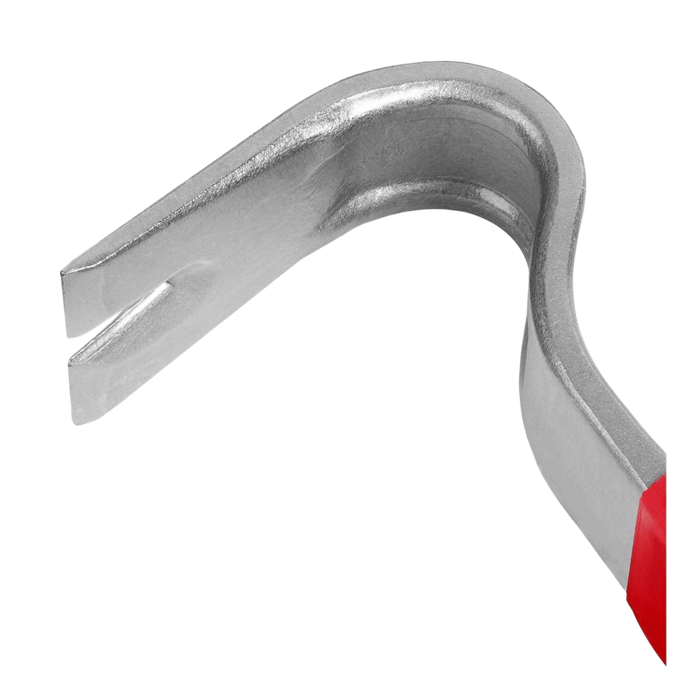Curved claw end of 15-inch Milwaukee pry bar with red handle for prying and lifting in home improvement tasks
