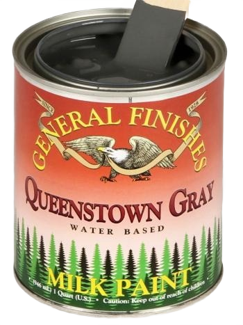 Open can of water-based Queenstown Gray milk paint from General Finishes in specialty paint and home improvement collection