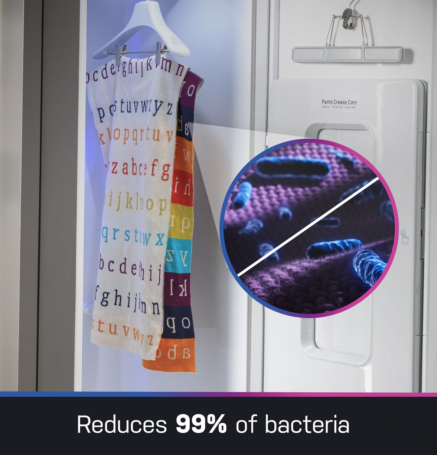 Multicolored alphabet-patterned fabric hanging in GE Profile Steam Closet reducing bacteria by 99% with fabric refresh feature