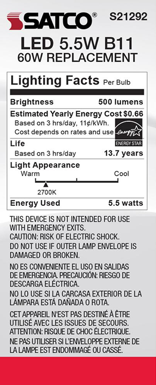 Energy Star rated Satco 5.5W B11 LED bulb with 500 lumens, warm 2700K light appearance for home lighting supplies