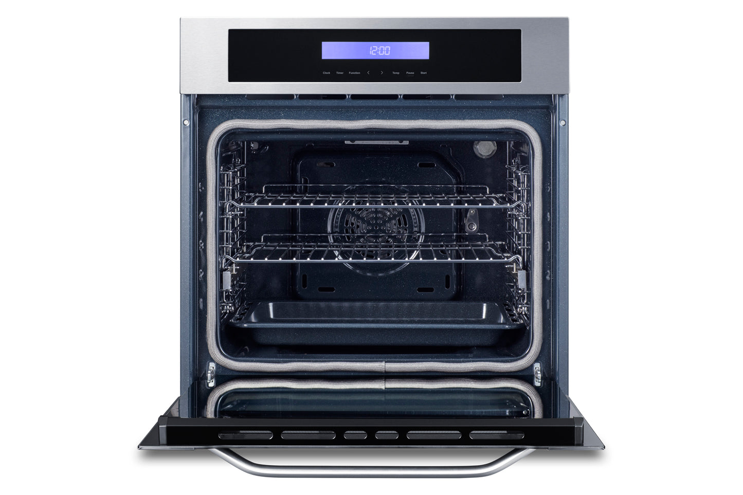Open electric wall oven with stainless steel trim, featuring interior racks and convection fan in kitchen appliances collection