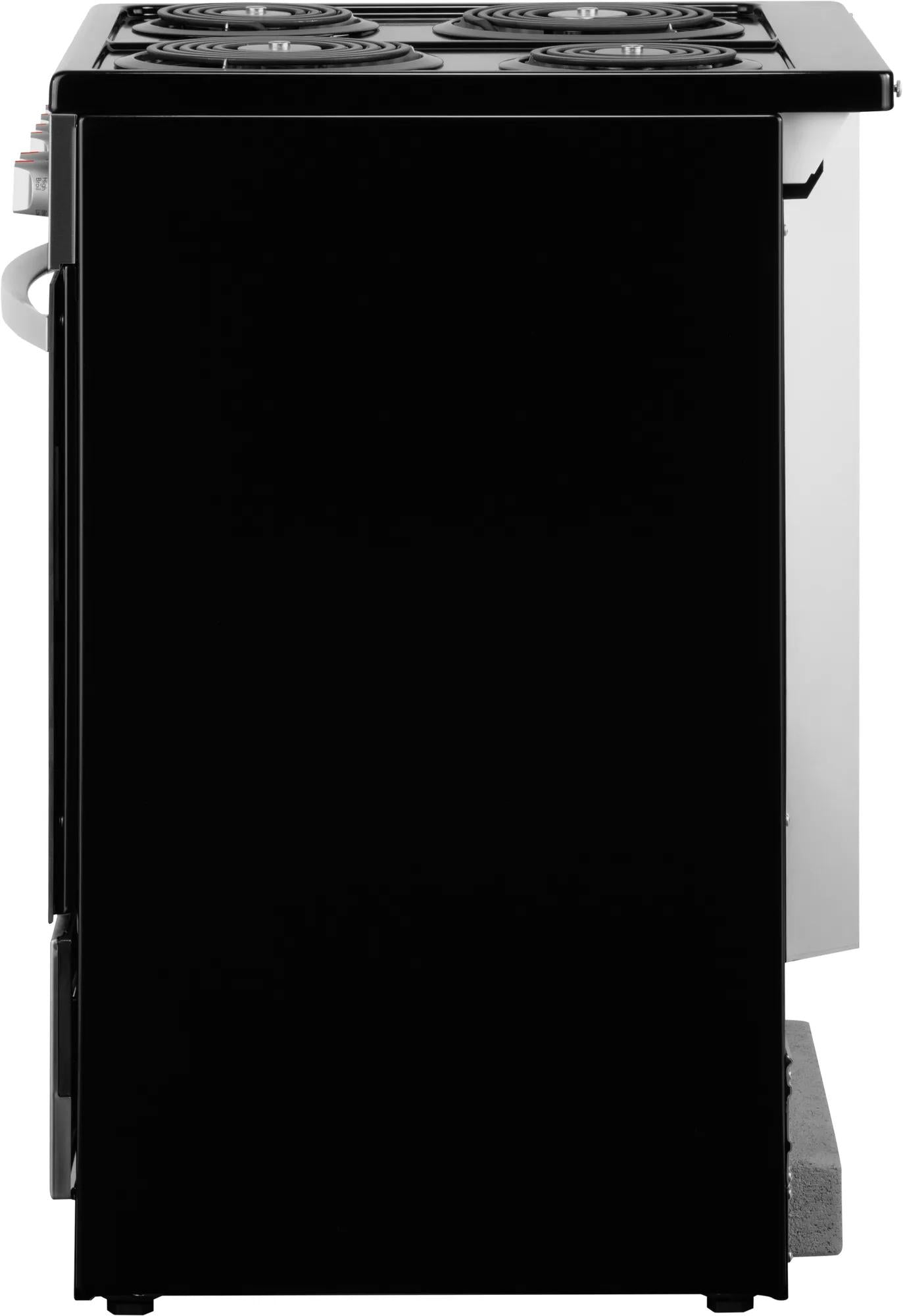 Side view of compact freestanding electric range with coil burners in black and stainless steel finish