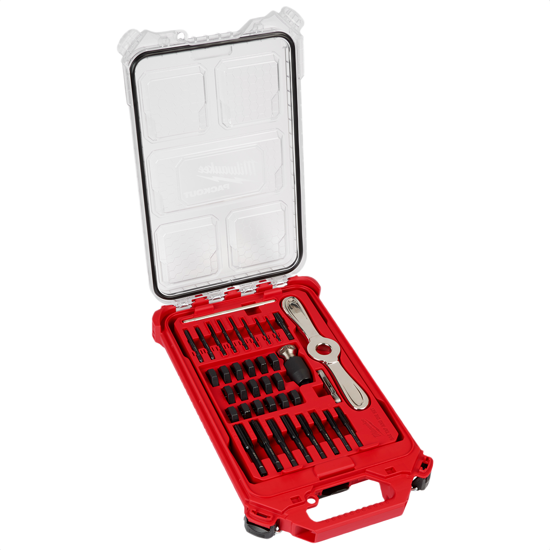 Red tool case with metal tap and die set and Hex-LOK handle for threading in power tool accessories collection