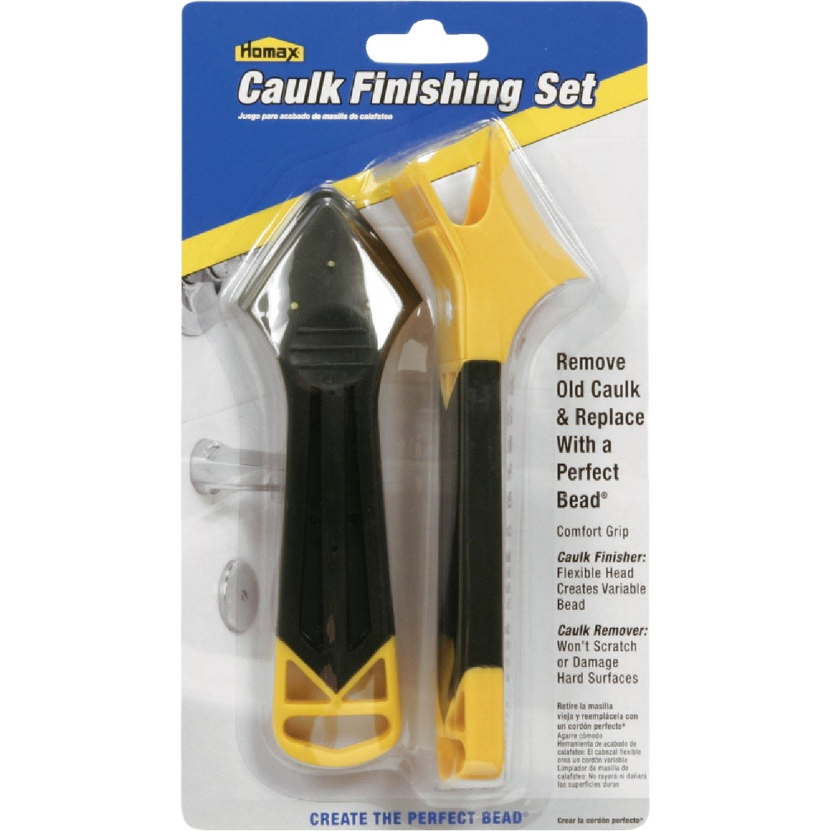 Homax caulk finishing tools in yellow and black for removing and replacing old caulk in home improvement projects