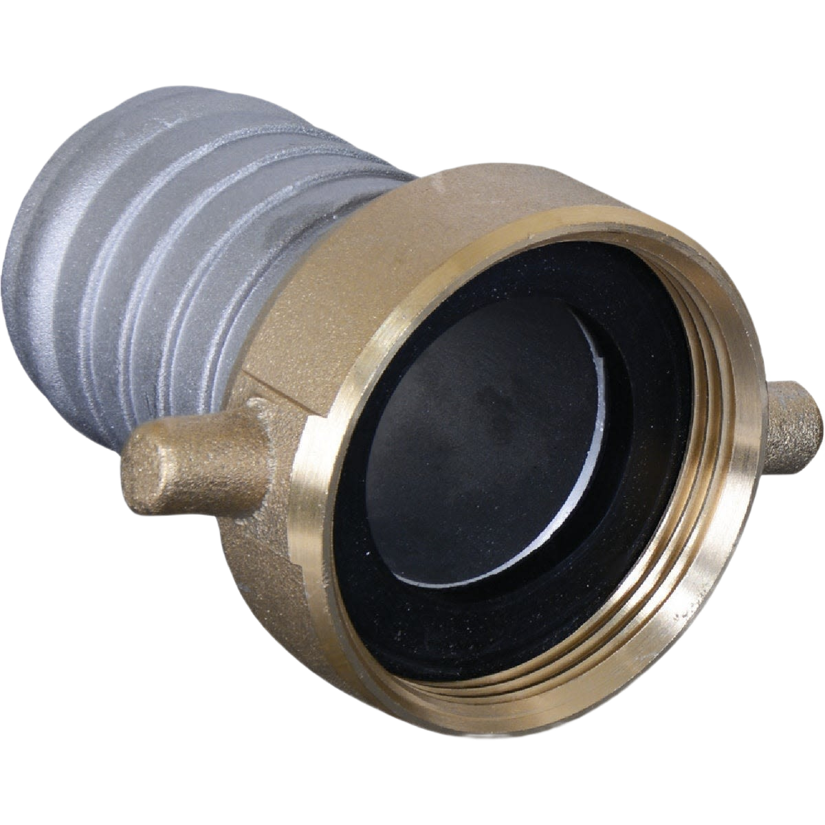 Durable aluminum and brass pin lug coupling for hose connections, ideal for tool accessories and home improvement projects